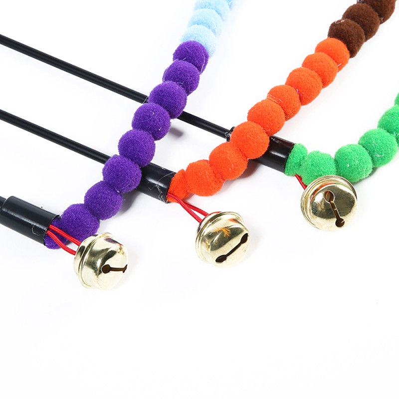 Baghetă interactivă de tachinare pentru pisici, jucărie interactivă de pisicuță falsă cu pene, cu clopoțel, minge de pluș colorată, băț pentru pisici, jucărie amuzantă pentru pisici