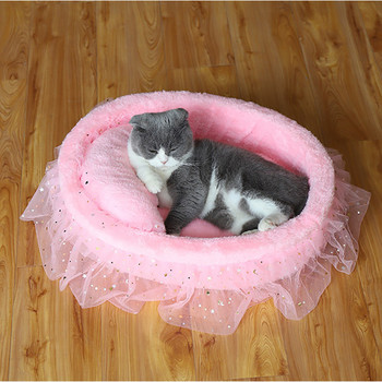 Легло за котка принцеса Мека дантела Спално легло за домашни любимци за котки Коте Кученце Диван Топло кръгло гнездо за домашни любимци с възглавница Възглавница Аксесоари за котки
