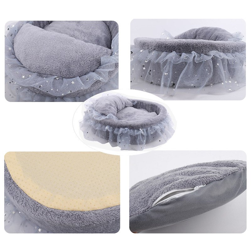 Pat pentru pisici prințesă din dantelă moale Pat pentru dormit pentru pisici, pisicuțe, cățeluș, canapea, cuib rotund cald pentru animale de companie, cu pernă, accesorii pentru pisici