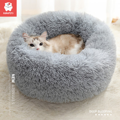 Kimpets Round Cat Bed Dog Pet Bed Kennel Нехлъзгаща се зимна топла кучешка колиба Sleeping Long Plush Soft Puppy Cushion Mat Cat Supplies