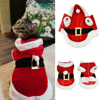 Χριστουγεννιάτικη στολή γάτας Ρούχα χειμωνιάτικο μπουφάν με κουκούλα κουτάβι παλτό Άγιος Βασίλης Pet Kitty Χριστουγεννιάτικο δώρο για πάρτι
