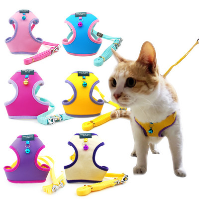 Pet Cat Harness Vest Leash Регулируем колан за домашни любимци с каишка за ходене със звънец за котенце Кученце Малко средно куче, имитирана на кожа