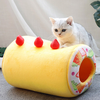 Τάρτα φρούτων Χαριτωμένο κρεβάτι γάτας σκύλου Βαμβακερό ρολό κέικ σε σχήμα Καλάθι κατοικίδιων ζώων για γάτες Αστεία γατούλα που πλένεται Sleep Cave Nest Ζεστό άνετο μαξιλάρι