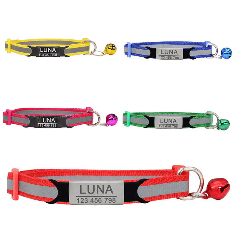 Guler din nailon, reflectorizant, personalizat, personalizat, gravură gratuită, pisică, câine mic, drăguț din nailon, reglabil pentru cățeluș, pisicuțe, colier
