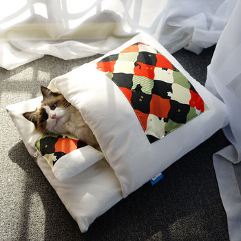 Котешки спален чувал Cuddle Cave Bed Кучешки легла Зимна самозатопляща се къща за домашни любимци с възглавница Японски футон за кученца Малки котета Кучета