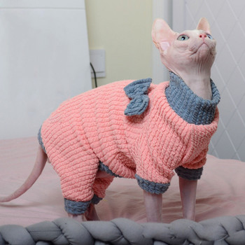 Ρούχα χειμωνιάτικων κατοικίδιων για γάτες Sphynx Φθινοπωρινά γατάκια Ολόσωμη φόρμα ζεστό παπιγιόν Κοστούμια Sphinx Ροζ πουλόβερ DevonRex Ragdoll