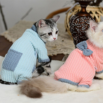 Ρούχα χειμωνιάτικων κατοικίδιων για γάτες Sphynx Φθινοπωρινά γατάκια Ολόσωμη φόρμα ζεστό παπιγιόν Κοστούμια Sphinx Ροζ πουλόβερ DevonRex Ragdoll