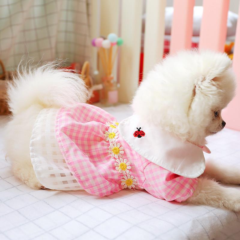 Printsessi lemmiklooma kevadised uhked kleidid väikestele koertele Prantsuse buldogi tikandid Lepatriinu kassi riided Roosa ruuduline karikakra kutsikariided