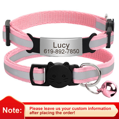 Εξατομικευμένη ταυτότητα Δωρεάν χάραξη γιακά γάτας Ανακλαστικό κολάρο με πόρπη για γάτα Ρυθμιζόμενο προσαρμοσμένο νάιλον κολιέ για κουτάβια γατάκια