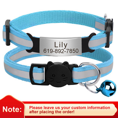 Εξατομικευμένη ταυτότητα Δωρεάν χάραξη γιακά γάτας Ανακλαστικό κολάρο με πόρπη για γάτα Ρυθμιζόμενο προσαρμοσμένο νάιλον κολιέ για κουτάβια γατάκια