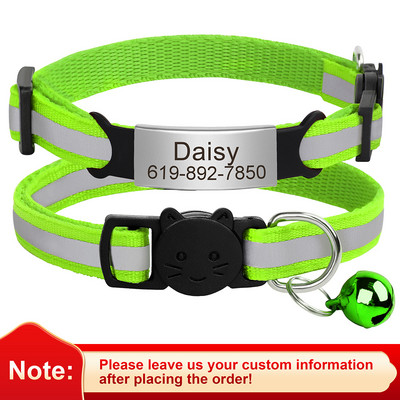 Εξατομικευμένη ταυτότητα Δωρεάν χάραξη γιακά γάτας Ανακλαστικό κολάρο με πόρπη για γάτα Ρυθμιζόμενο προσαρμοσμένο νάιλον κολιέ για κουτάβια γατάκια