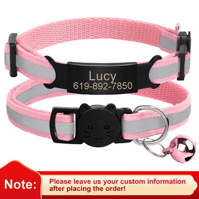 Εξατομικευμένη ταυτότητα Δωρεάν χάραξη γιακά γάτας Ανακλαστικό κολάρο με πόρπη για γάτα Ρυθμιζόμενο προσαρμοσμένο νάιλον κολιέ για κουτάβια γατάκια