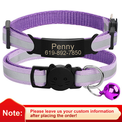 Εξατομικευμένη ταυτότητα Δωρεάν χάραξη γιακά γάτας Ανακλαστικό κολάρο με πόρπη για γάτα Ρυθμιζόμενο προσαρμοσμένο νάιλον κολιέ για κουτάβια γατάκια