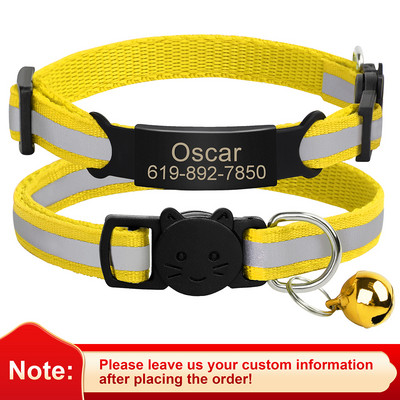 Εξατομικευμένη ταυτότητα Δωρεάν χάραξη γιακά γάτας Ανακλαστικό κολάρο με πόρπη για γάτα Ρυθμιζόμενο προσαρμοσμένο νάιλον κολιέ για κουτάβια γατάκια