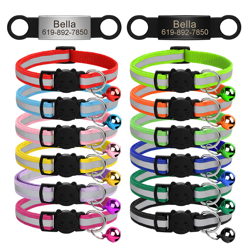 Εξατομικευμένη ταυτότητα Δωρεάν χάραξη γιακά γάτας Ανακλαστικό κολάρο με πόρπη για γάτα Ρυθμιζόμενο προσαρμοσμένο νάιλον κολιέ για κουτάβια γατάκια