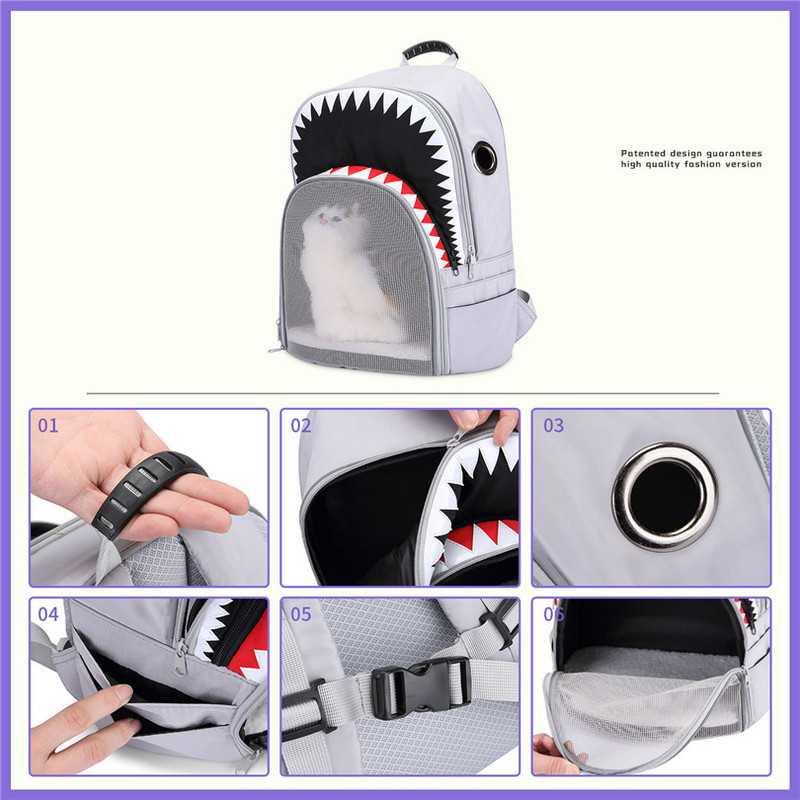 Σακίδια πλάτης μόδας για γάτες Αξεσουάρ Shark Print Cool carrier για προϊόντα ταξιδιού για γάτες Αναλώσιμα κατοικίδιων με φερμουάρ Διχτυωτές τσάντες που αναπνέουν