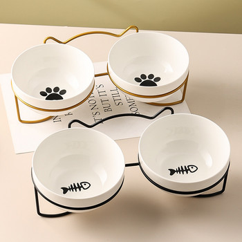 Ulmpp Cat Double Bowl με βάση και χαλάκι Pet Kitten Puppy κεραμικό πιάτο τροφοδοσίας Μεταλλικό ανυψωμένο νερό τροφοδοσίας σκύλου