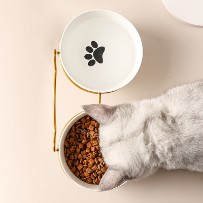 Ulmpp Cat dubultā bļoda ar statīvu un paklājiņu mājdzīvnieku kaķēnu kucēnu keramikas pārtikas barošanas trauks metāla paaugstināts ūdens padeves aprīkojums suņiem
