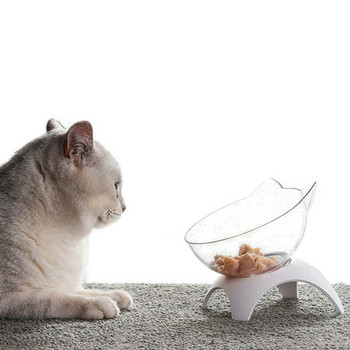 Купа за хранене с повдигната стойка за котки Прозрачна пластмасова купа за храна за домашни любимци Хранилка за вода 15-градусов наклонен дизайн Предпазител за врата за котки Кучета