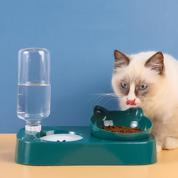 Двойни купи за котки със стойка Автоматичен диспенсер за съхранение на вода Купа за храна за домашни кучета 2-в-1 Защитен от пръски контейнер за вода Купа Хранилка