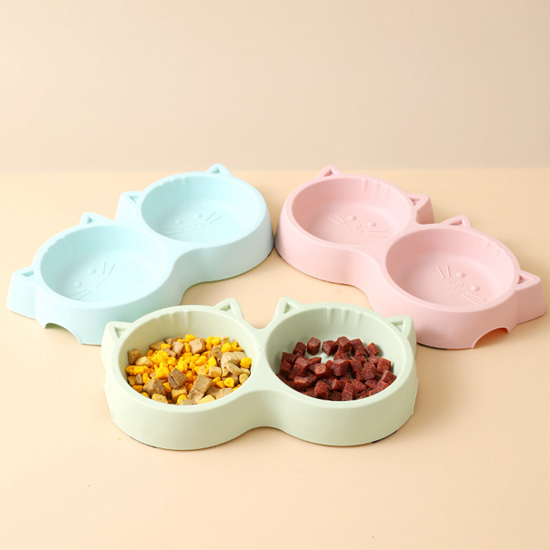 Dvostruka zdjela za mačku kućnog ljubimca Ekološki PP materijal u obliku lica mačke s crtanim likom Zdjela za hranjenje vode i hrane Neklizajuća hranilica za štene i mačku