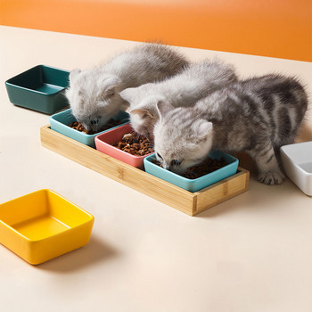 Квадратна керамична купа за кученце котка с дървена стойка и чиния Здрава, издръжлива хранилка за малки домашни любимци Многоцветни аксесоари Консумативи #P030