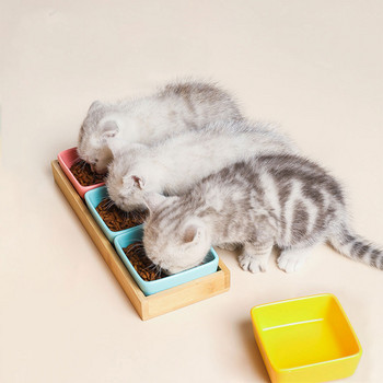 Квадратна керамична купа за кученце котка с дървена стойка и чиния Здрава, издръжлива хранилка за малки домашни любимци Многоцветни аксесоари Консумативи #P030