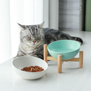 TECHOME Най-нов дизайн Купа за храна за домашни любимци Керамична купа за котки с дървена рамка Купа с напречна рамка Скосена купа за котки Керамична купа за домашни любимци