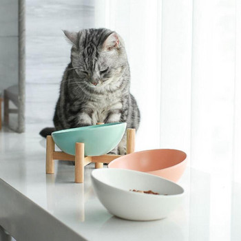 TECHOME Най-нов дизайн Купа за храна за домашни любимци Керамична купа за котки с дървена рамка Купа с напречна рамка Скосена купа за котки Керамична купа за домашни любимци