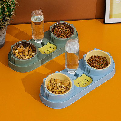 Double Dog Cat Bowls with Water Dispenser Tilted Cat Food Dishes for Indoor Pet Durable Wet and Dry Food Bowl Set Pets Bowl