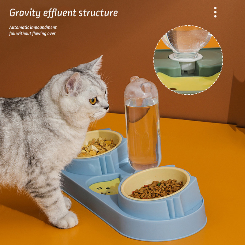 Двойни купи за котки за кучета с диспенсер за вода Наклонени съдове за котешка храна за домашни любимци Издръжлив набор от купи за мокра и суха храна Купа за домашни любимци