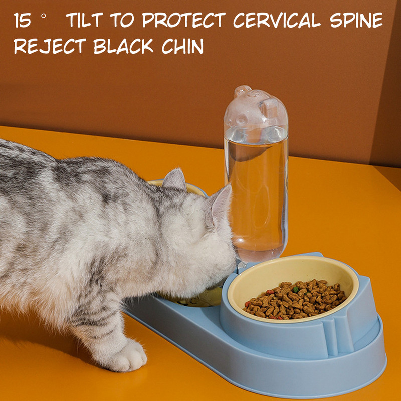 Двойни купи за котки за кучета с диспенсер за вода Наклонени съдове за котешка храна за домашни любимци Издръжлив набор от купи за мокра и суха храна Купа за домашни любимци