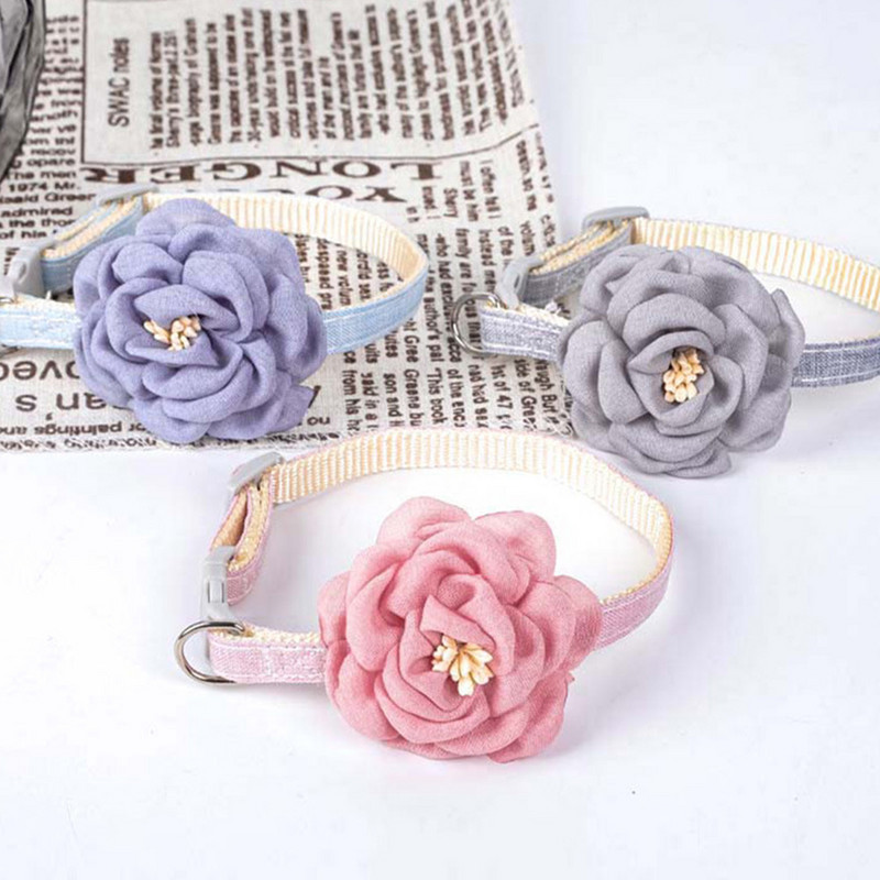 Guler pentru animale de companie Colier pentru pisici de culoare solidă cu flori, cataramă reglabilă, guler din bumbac, ținute pentru animale de companie, decor pentru câini mici, provizii pentru cățeluși