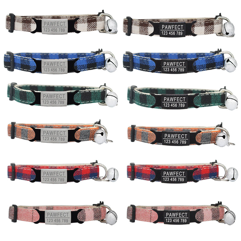 Plaida kaķu kaklasiksna, personalizēta ID maza suņu kakla siksna, drošības sprādze, regulējama gravēšana ar zvaniņu kucēnu kaķēniem, kaklarota