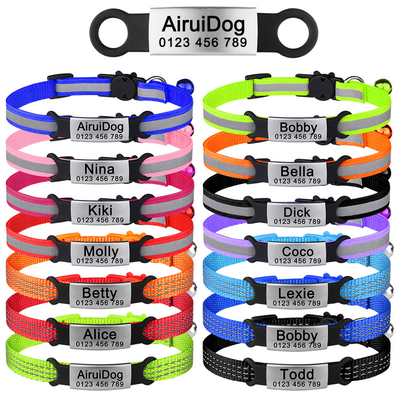 Ajustabil Personaliza Nume Nylon Pisică Guler ID personalizat Clopoțel Produse pentru animale de companie Mic Fast Breakaway Accesorii unisex pentru pisoi Etichetă pentru pisici