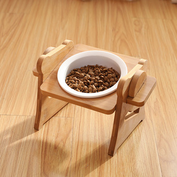 Модна керамична двойна купа за домашни любимци с регулируема дървена грижа за врата, наклонена повдигната двойна купа за котки