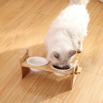 Модна керамична двойна купа за домашни любимци с регулируема дървена грижа за врата, наклонена повдигната двойна купа за котки