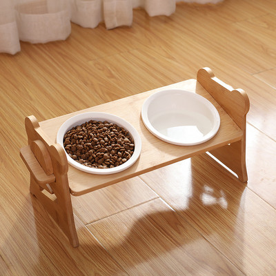 Moodne keraamiline lemmiklooma topeltkauss koos reguleeritava puidust kaelahooldusega Kallutatud kõrgendatud disainiga topeltkausid kassidele