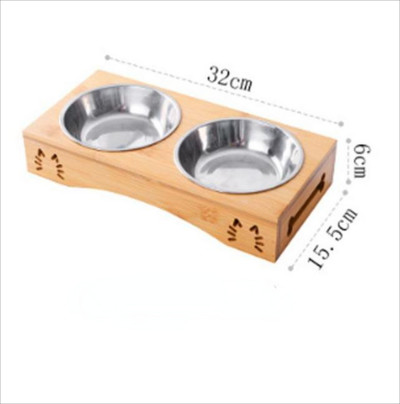Bol pentru pisici pentru animale de companie Bol pentru hrănire din oțel inoxidabil Boluri pentru băut Natural Durabil Siguranță Lemn Cadru din bambus Bol unic dublu pentru hrănire pentru câini