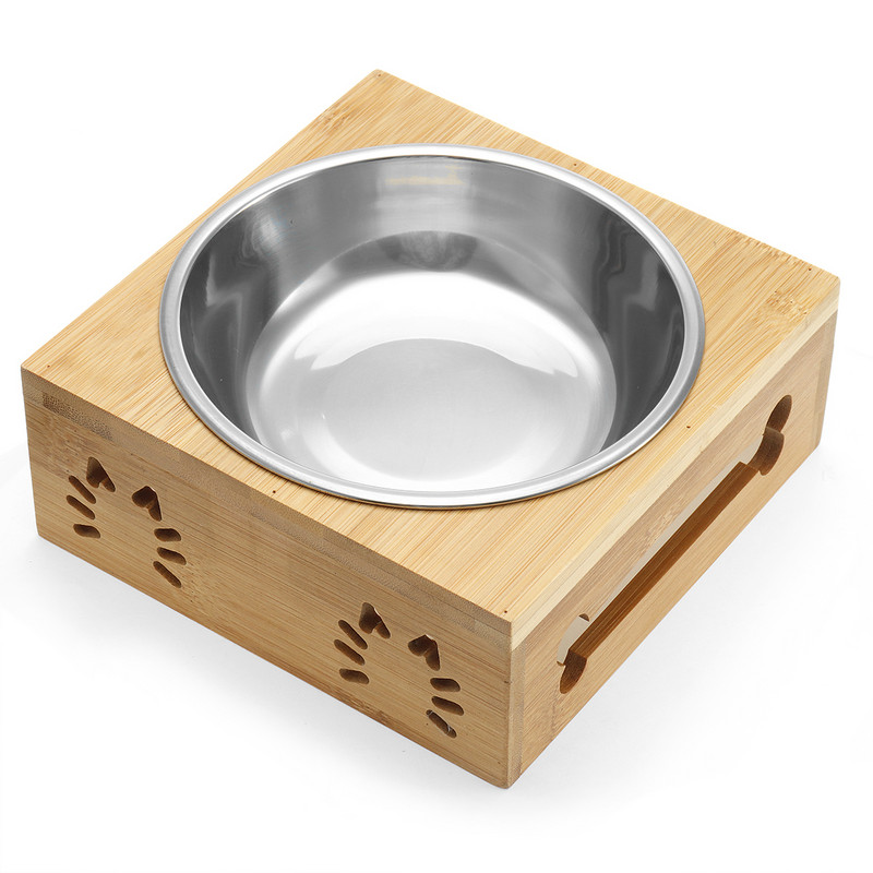 Bol pentru pisici pentru animale de companie Bol pentru hrănire din oțel inoxidabil Boluri pentru băut Natural Durabil Siguranță Lemn Cadru din bambus Bol unic dublu pentru hrănire pentru câini