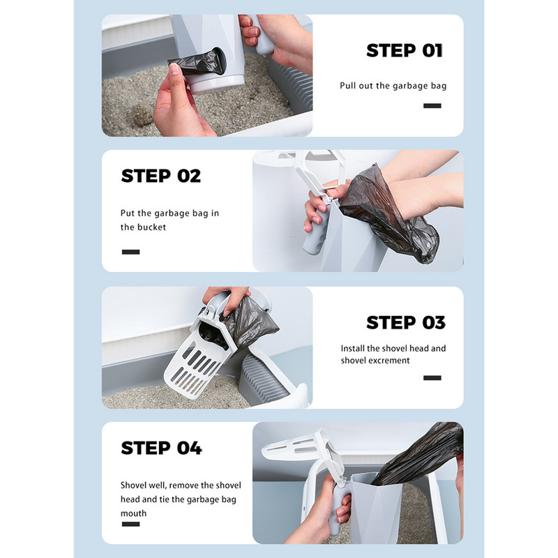 Lopătă pentru așternut pentru pisici Lopată integrată detașabilă pentru așternut pentru pisici cu suport pentru sac încorporat, instrument de curățare a toaletei pentru pisici cu 15 saci de caca