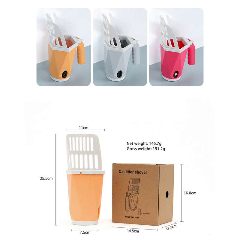 Lopătă pentru așternut pentru pisici Lopată integrată detașabilă pentru așternut pentru pisici cu suport pentru sac încorporat, instrument de curățare a toaletei pentru pisici cu 15 saci de caca