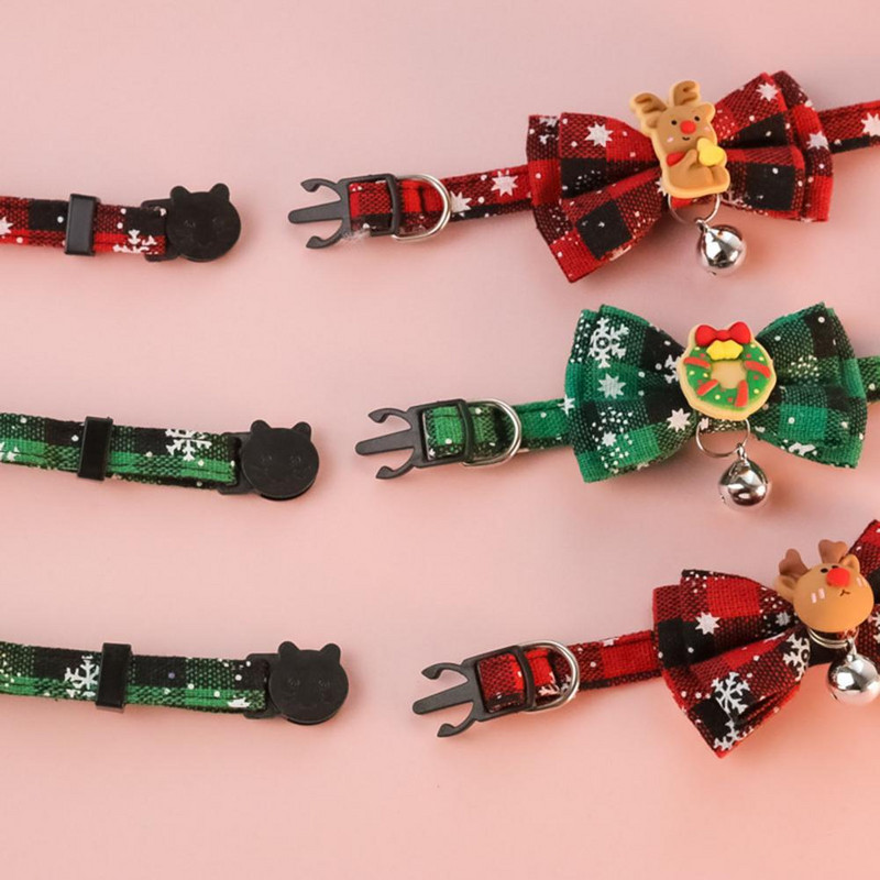 Guler pentru animale de companie de Crăciun, cu cataramă pentru cap de pisică, guler pentru pisicuță, cu clopoțel, copac de Crăciun, elan, om de zăpadă, guler pentru câine, pisică, gât, accesorii pentru animale de companie