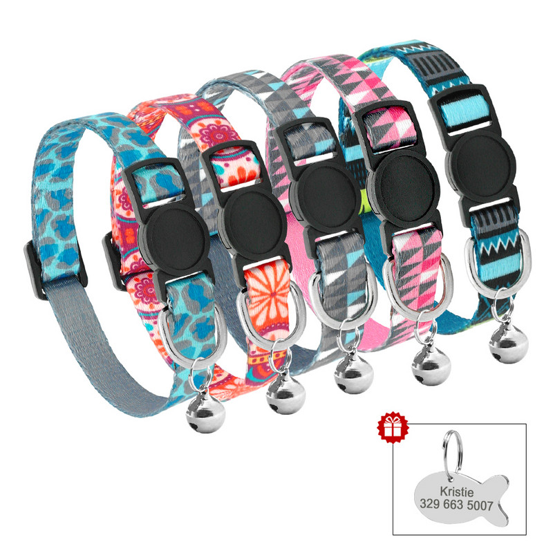 Guler pentru pisici cu eliberare rapidă cu clopoțel Guler personalizat pentru pisoi Colier de siguranță pentru pisici care se desprinde Etichetă de identificare cu pește gravată gratuit Plăcuță de identificare