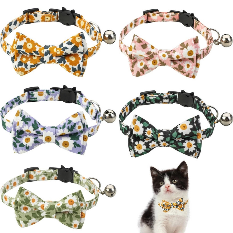 Guler de pisică cu model de flori cu clopoțel de vară floral de pisicuță papion reglabil închizătoare de rupere în siguranță colier cățeluș Accesorii pentru animale de companie