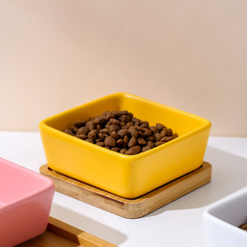 1/2PC 150ML квадратна керамична купа за котки и кученца Бамбукова дървена тава Непропусклива хранилка за малки домашни любимци Издръжлива купа за храна Кухненски принадлежности