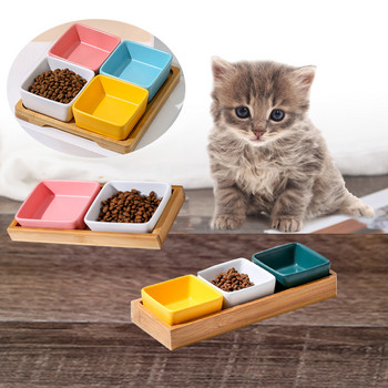 1/2PC 150ML Τετράγωνο κεραμικό μπολ Γάτας και κουταβιού Ξύλινος δίσκος μπαμπού στεγανός Μικρός τροφοδότης κατοικίδιων Ανθεκτικό μπολ φαγητού Προμήθειες κουζίνας