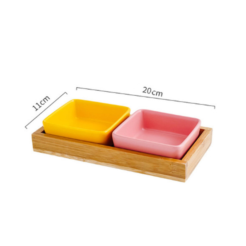 1/2PC 150ML Τετράγωνο κεραμικό μπολ Γάτας και κουταβιού Ξύλινος δίσκος μπαμπού στεγανός Μικρός τροφοδότης κατοικίδιων Ανθεκτικό μπολ φαγητού Προμήθειες κουζίνας