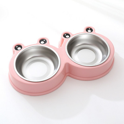 Cast dublu pentru pisici de companie din oțel inoxidabil PP, în formă de broască de desene animate, tavă de băut, hrănitor, rezistent la picături, bol de hrănire durabil pentru animale de companie