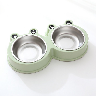 Cast dublu pentru pisici de companie din oțel inoxidabil PP, în formă de broască de desene animate, tavă de băut, hrănitor, rezistent la picături, bol de hrănire durabil pentru animale de companie